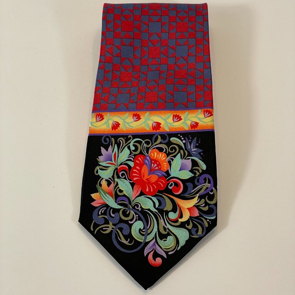 Jim Shore Men's Tie 100% Silk Red Blue Floral Geometric Signature Series Necktie